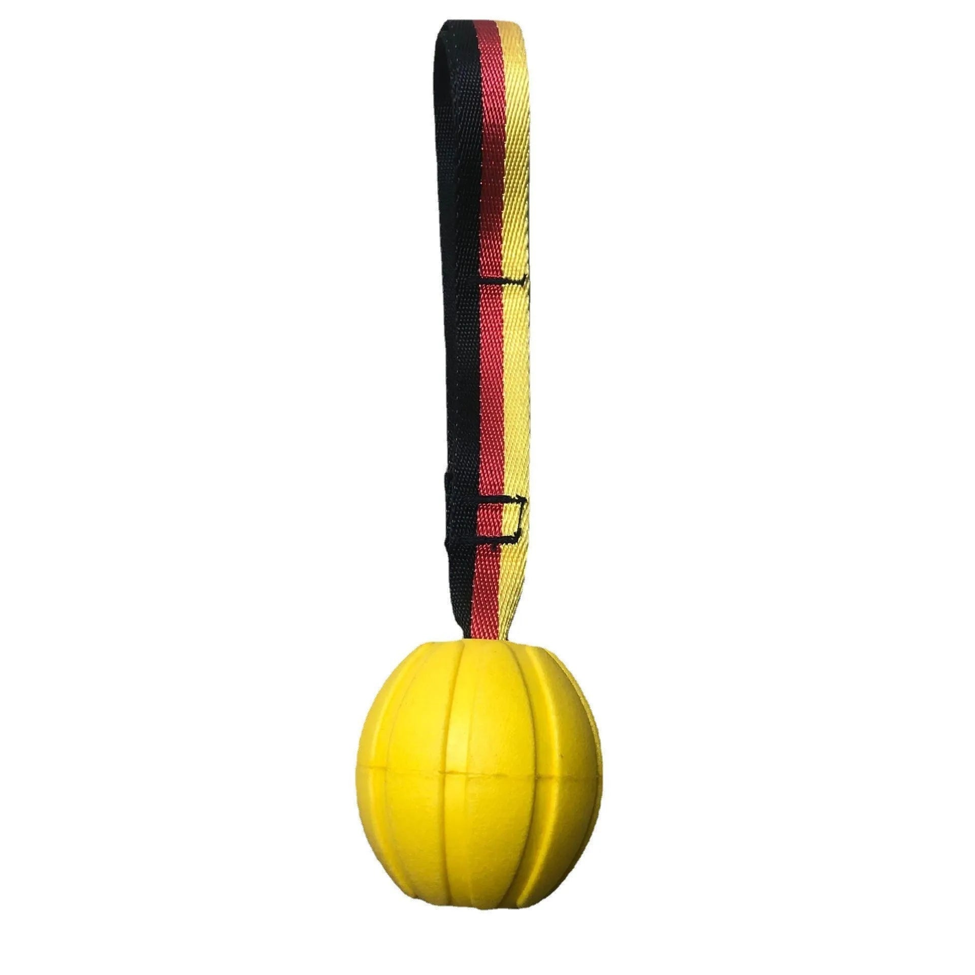 Yellow EVA floating dog ball with string attached, next to a camouflage coloured version on a blue background.