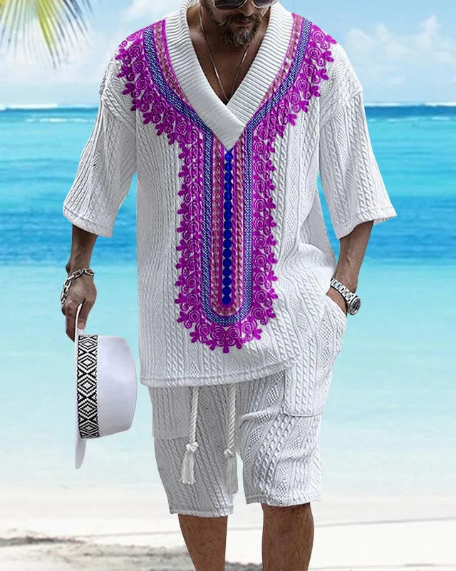 Men's printed drop-shoulder knitted short-sleeved top with matching shorts in a casual suit set.