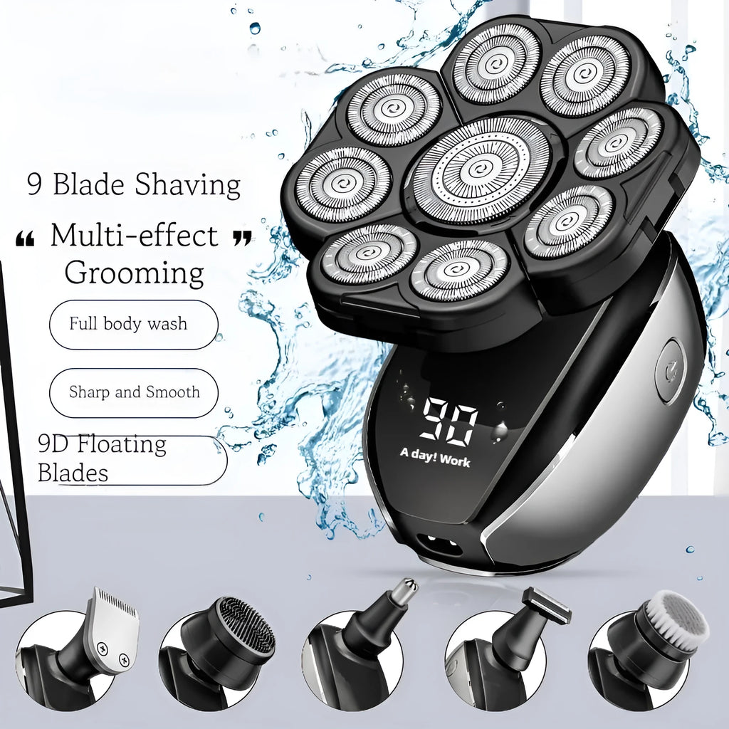 Black rechargeable 6-in-1 haircut suit with hair clipper, shaver, nose trimmer, and accessories