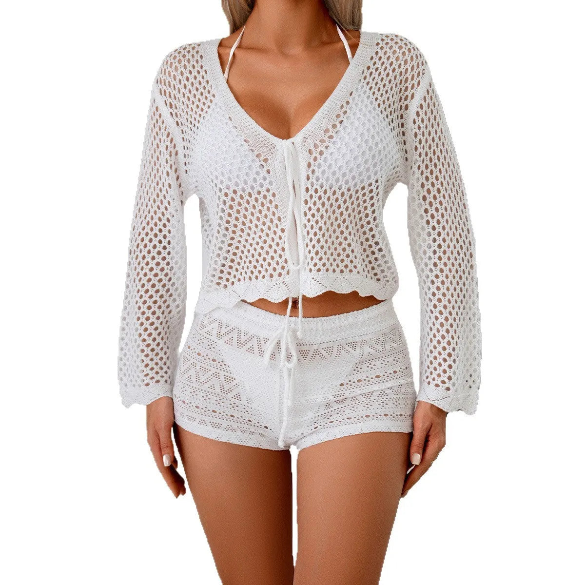Women's hollow woven cardigan blouse with nine-quarter bell sleeves in imitation cotton fabric