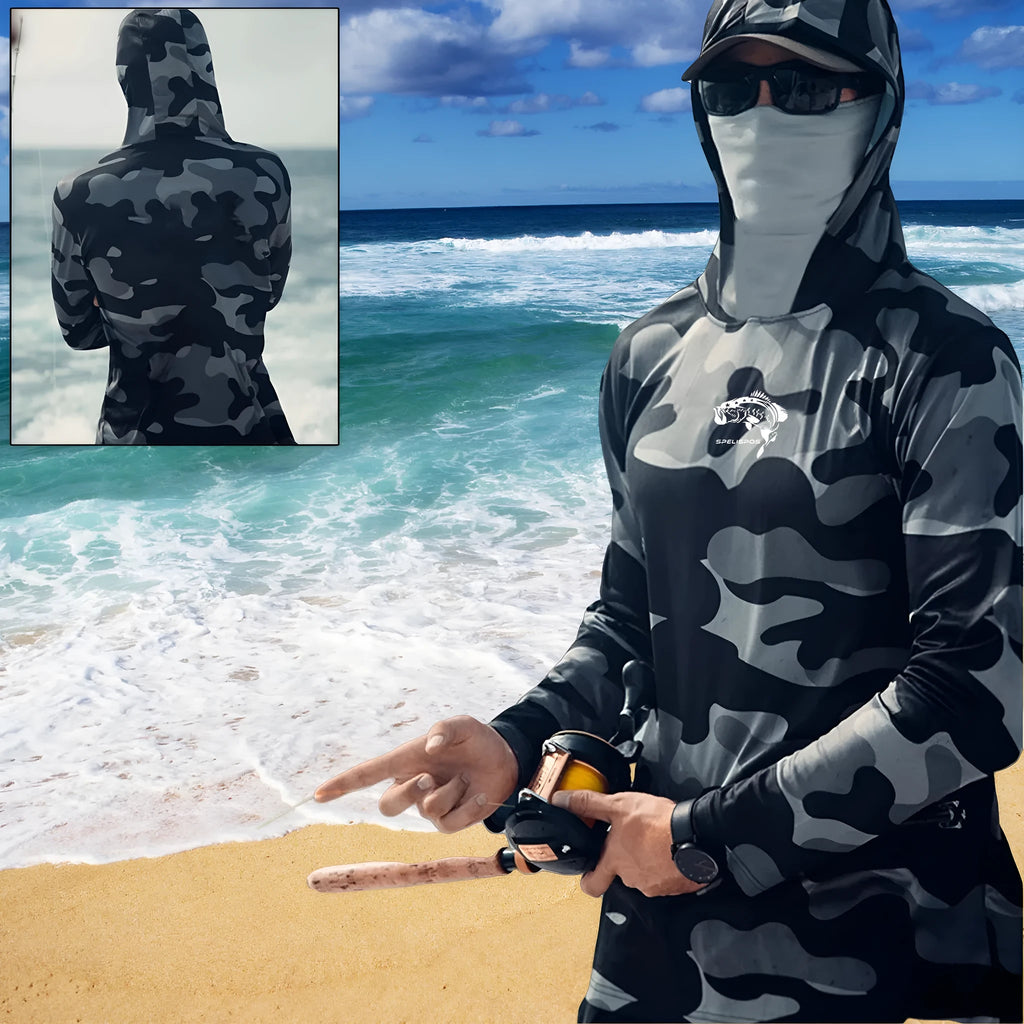Men's grey long sleeve fishing hoodie with mesh side panels and crew neck.
