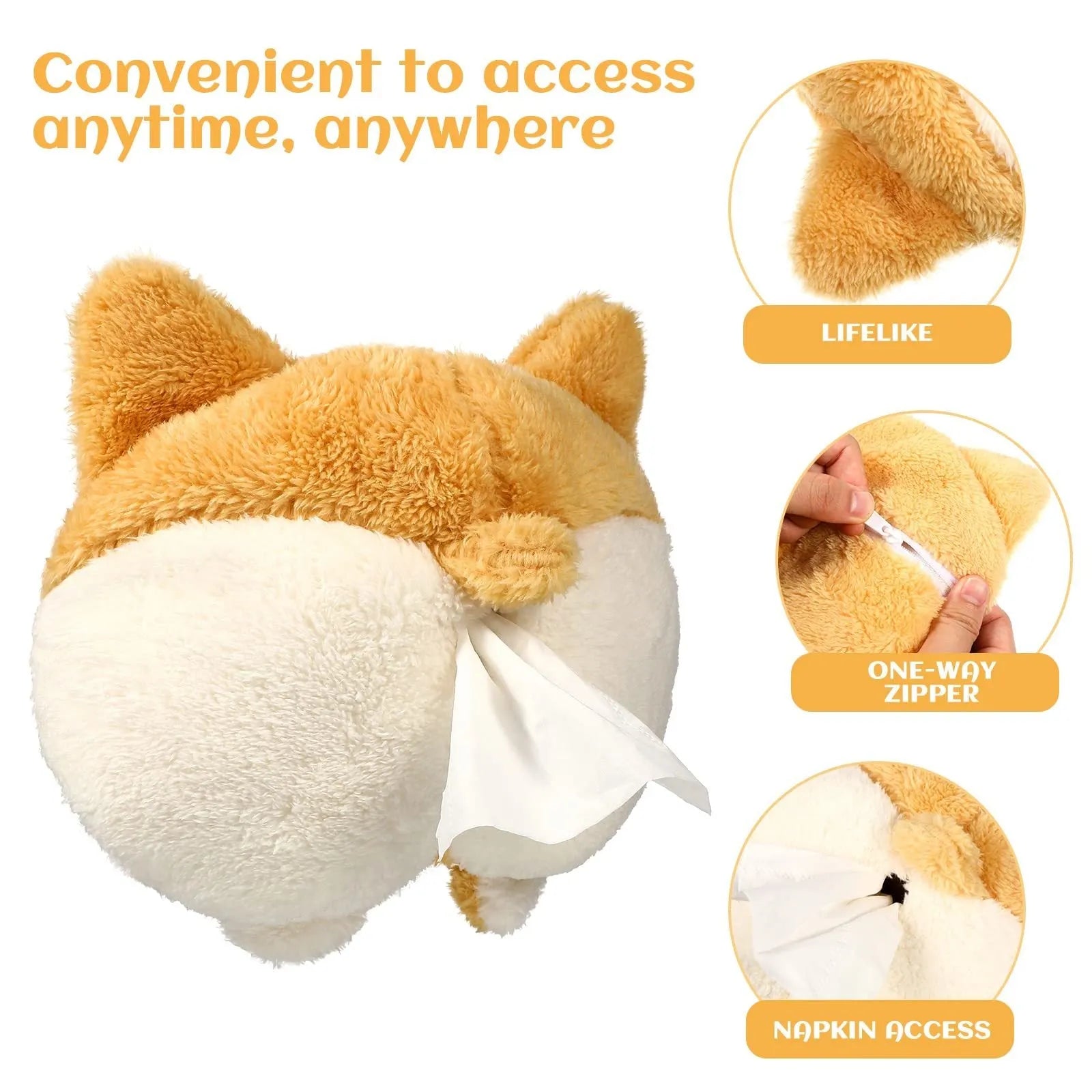 Yellow soft plush corgi butt shaped tissue box cover with elastic straps for car visor.