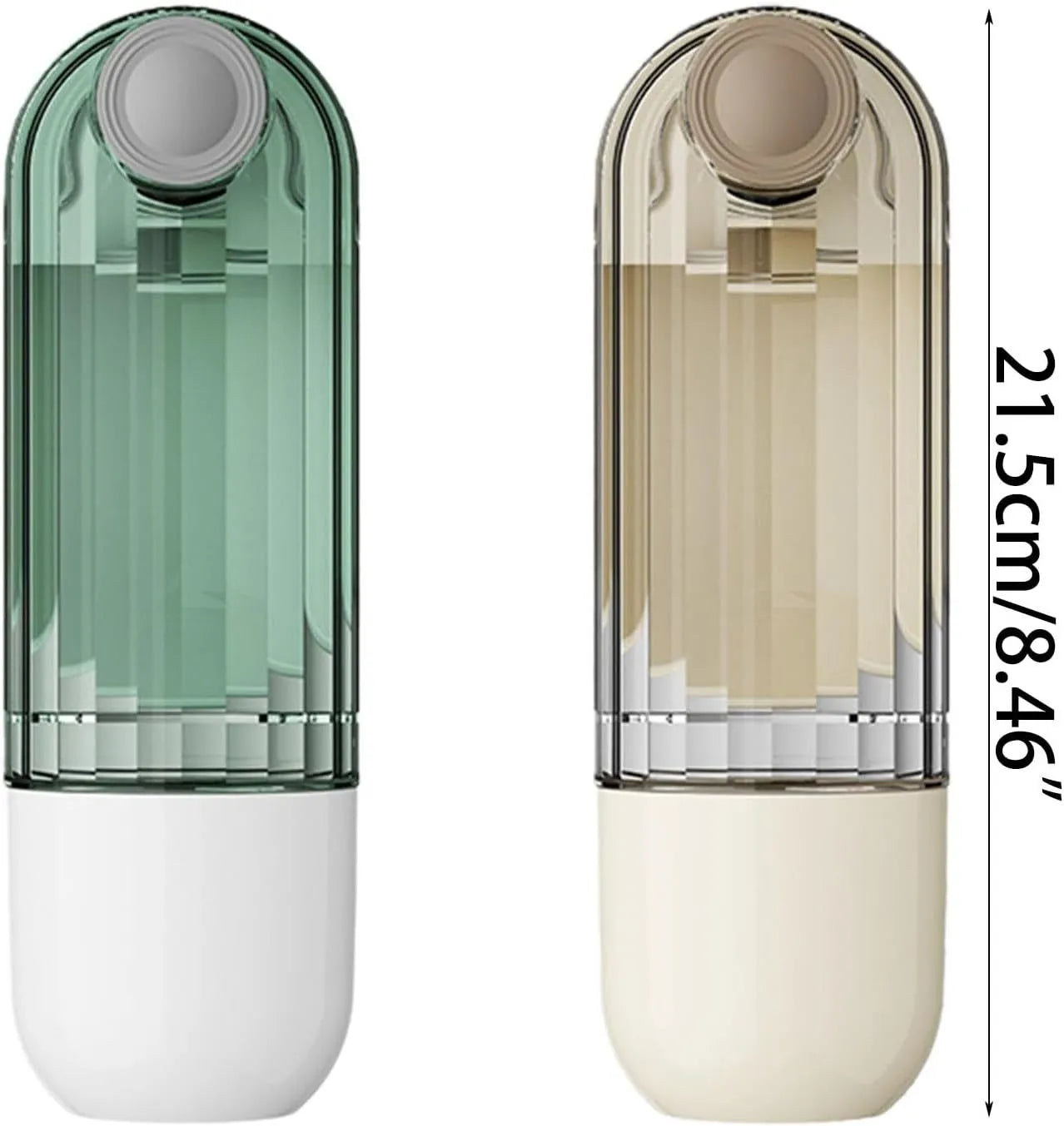 Beige foldable dog water bottle with drinking tray and base food container, shown open and closed