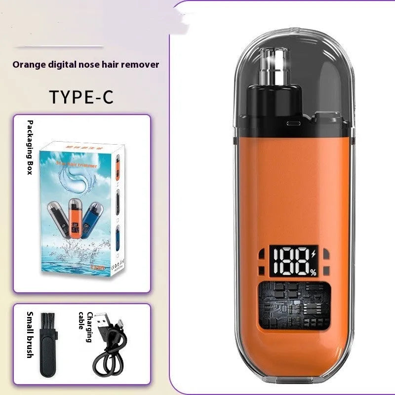 Rechargeable nose hair trimmer with digital display, removable cutter head, and cleaning brush