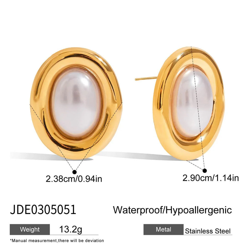 A pair of women's stainless steel stud earrings with a vintage-style pearl and electroplated finish.