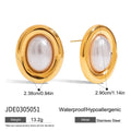 A pair of women's stainless steel stud earrings with a vintage-style pearl and electroplated finish.