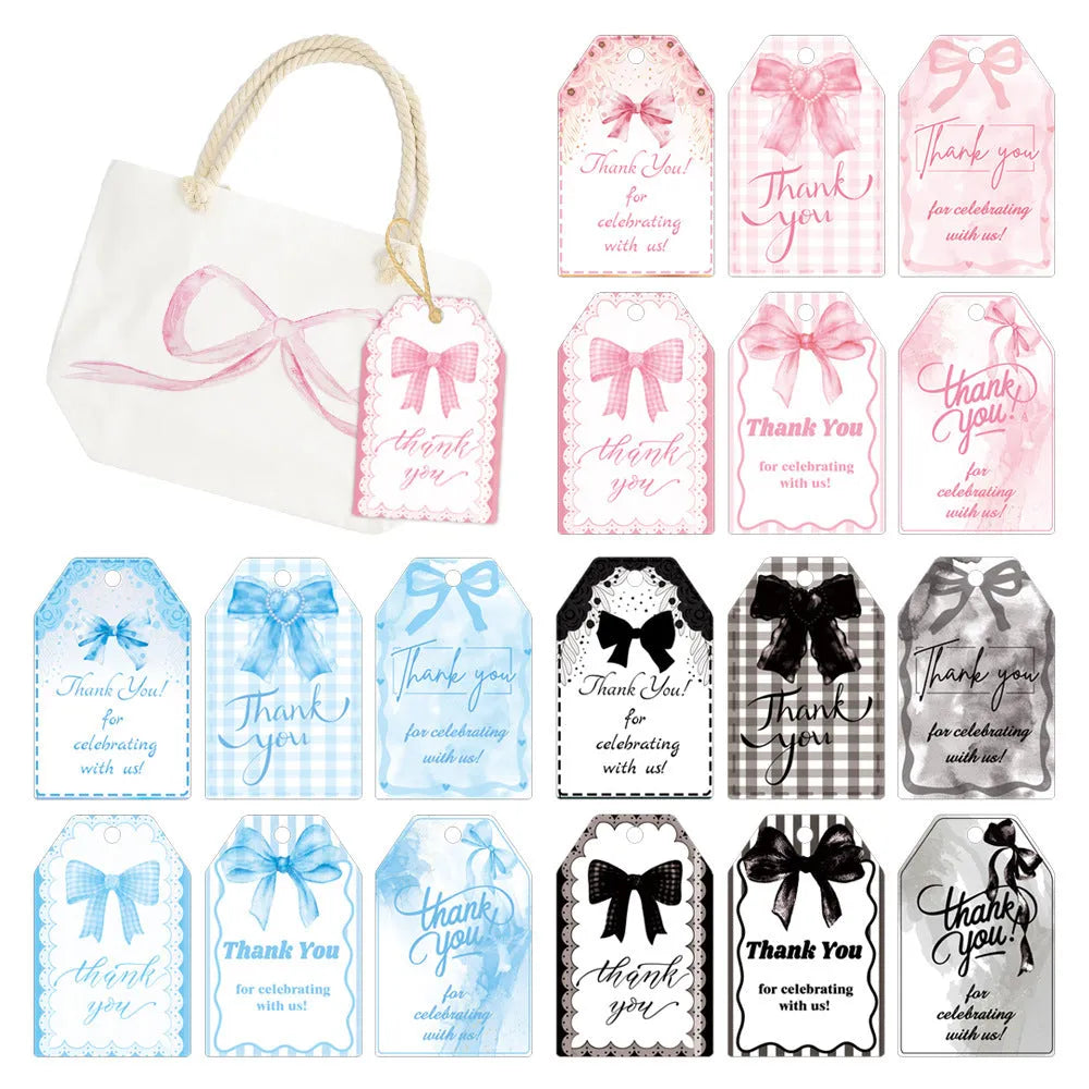 Set of 60 paper birthday gift tags with bowknot designs and natural hemp rope.