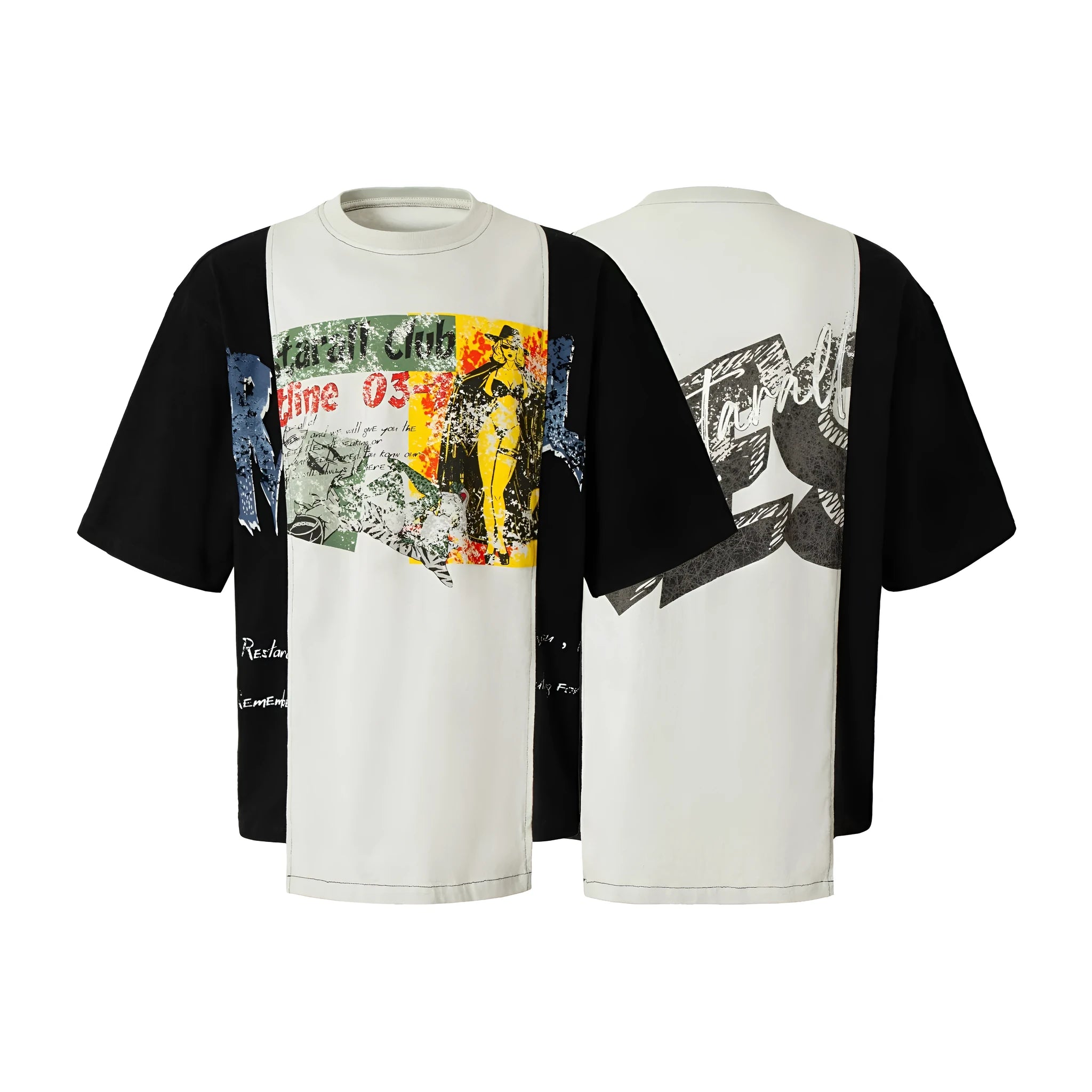Black and white deconstruction printed oversized cotton blend t-shirt on a model.