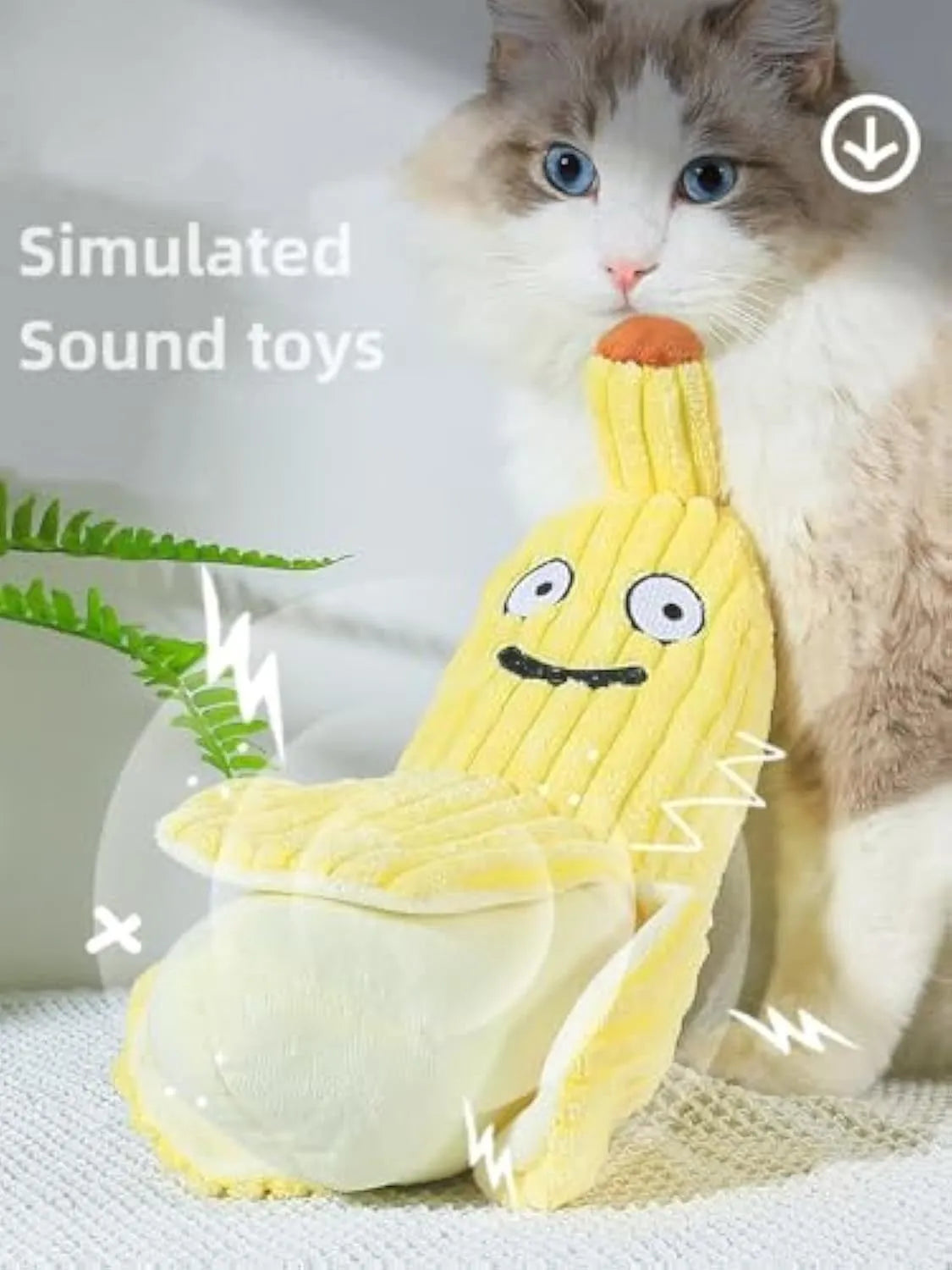 Yellow banana-shaped cat toy with crinkle paper and catnip for indoor feline play