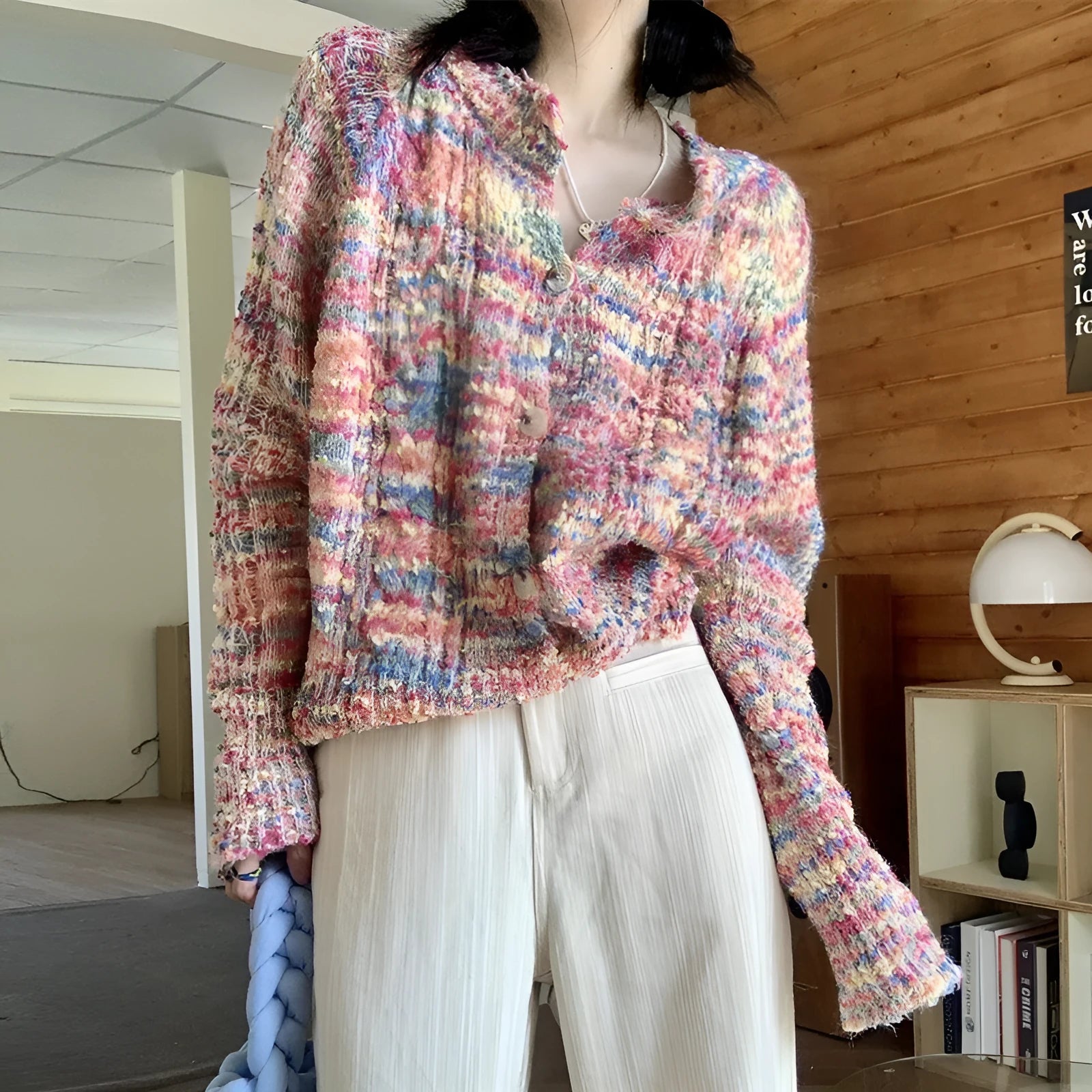 Pink or green acrylic knitted rainbow cardigan with regular sleeves and medium thickness