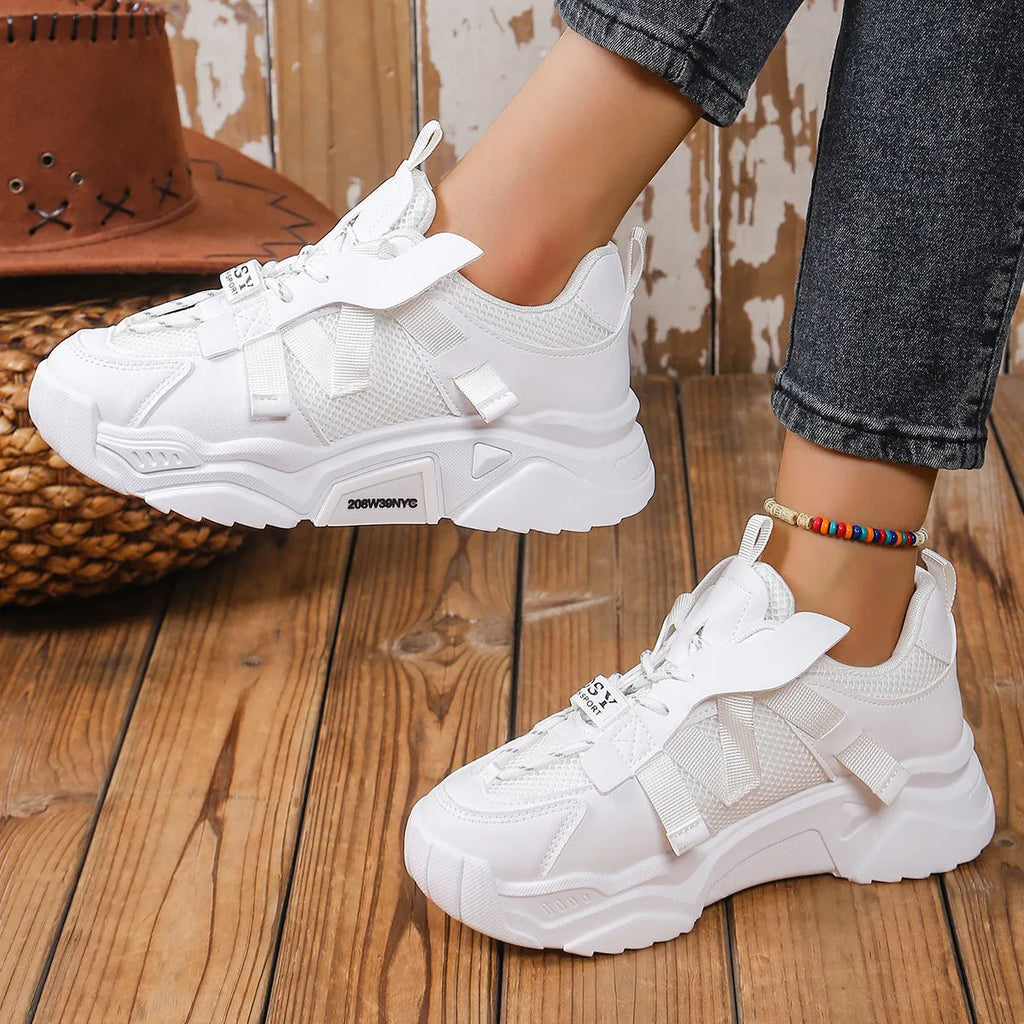 Women's platform mesh dad shoes in multiple colours with animal pattern design and front lace-up fastening