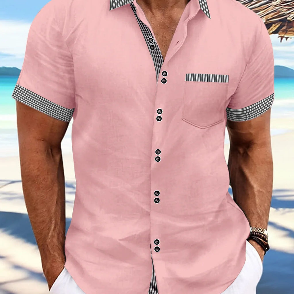 Men's striped short sleeve casual shirt in pure cotton with double buttons.