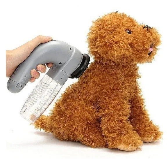 Grey portable pet hair vacuum cleaner with massage brush for dog and cat grooming