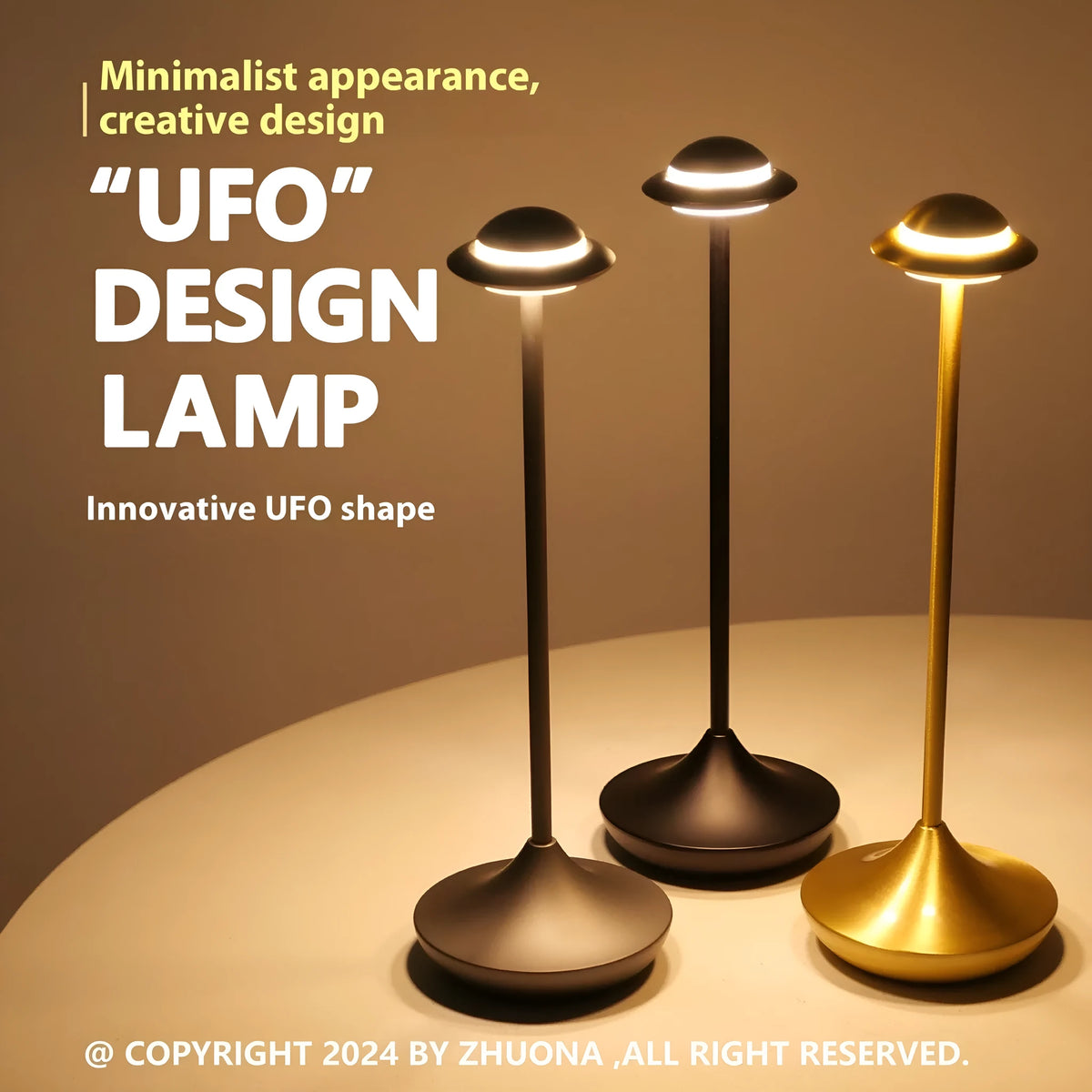 UFO-shaped table lamp with metal base and touch dimming controls in black, gold, or grey colour