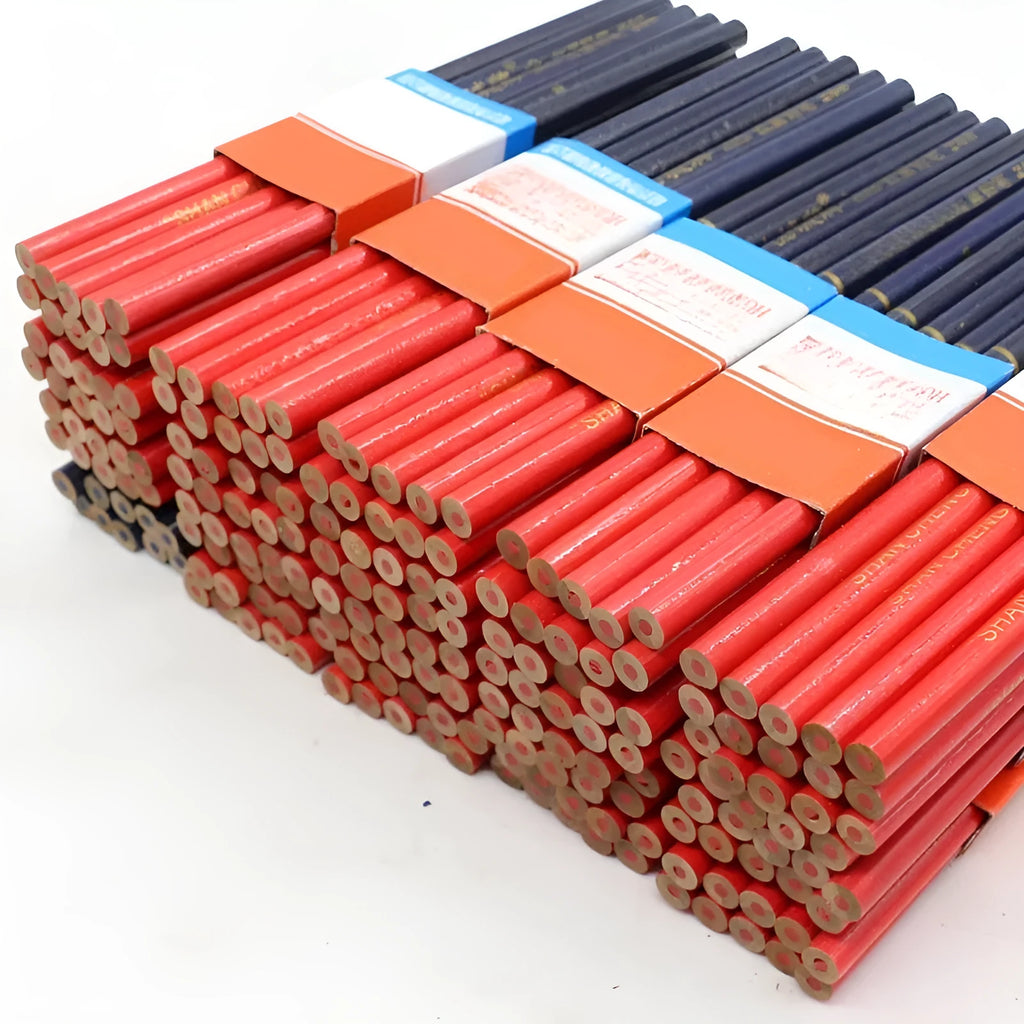 Pack of 10 red and blue two-colour wooden carpenter pencils for marking.