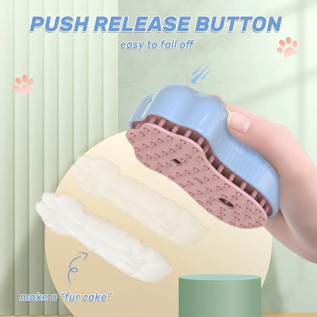 Blue self-cleaning cat steam brush with silicone bristles and a water spray function.