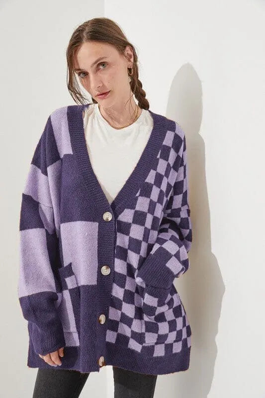Printed checks loose slim fit cardigan in polyester spandex fabric available in six colours