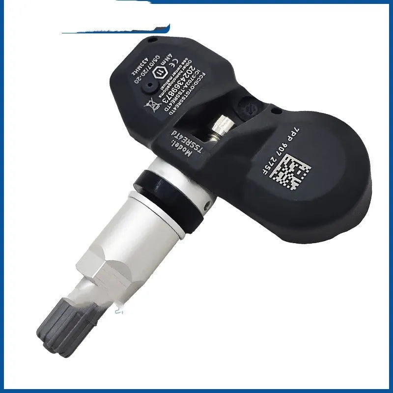Black Audi tyre pressure monitoring sensor with valve stem for direct factory replacement