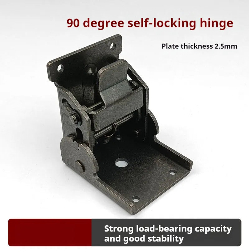 Furniture folding hinge with adjustable angle mechanism in various electroplated finishes including black bronze and nickel silver.
