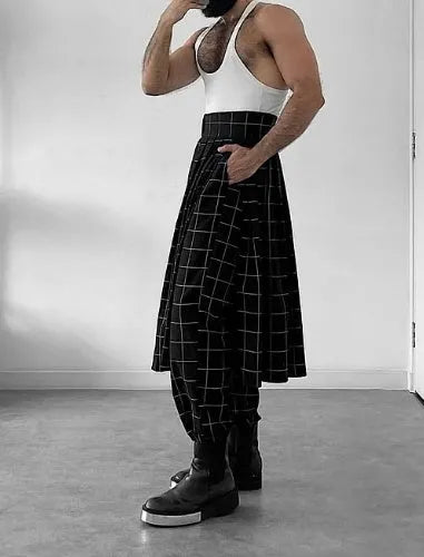 Men's plaid trousers with apron waist design showing front overlap detail