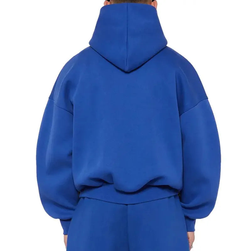 A grey men's fleece-lined cotton hoodie sweatshirt with a hood and long sleeves.