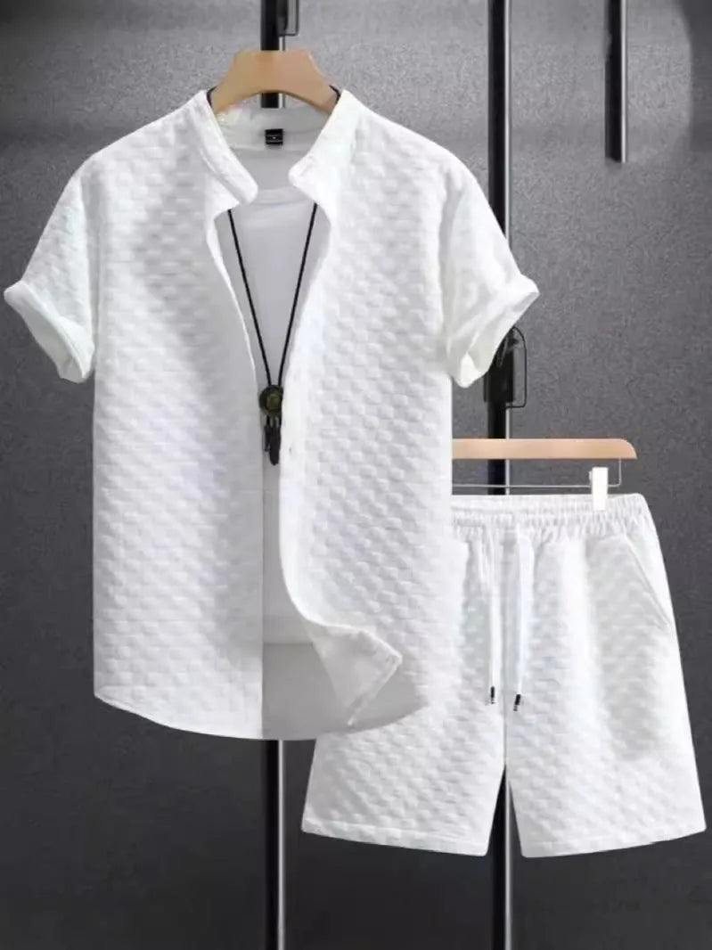 Men's jacquard short sleeve suit two-piece set in black colour with shirt-style jacket and matching shorts