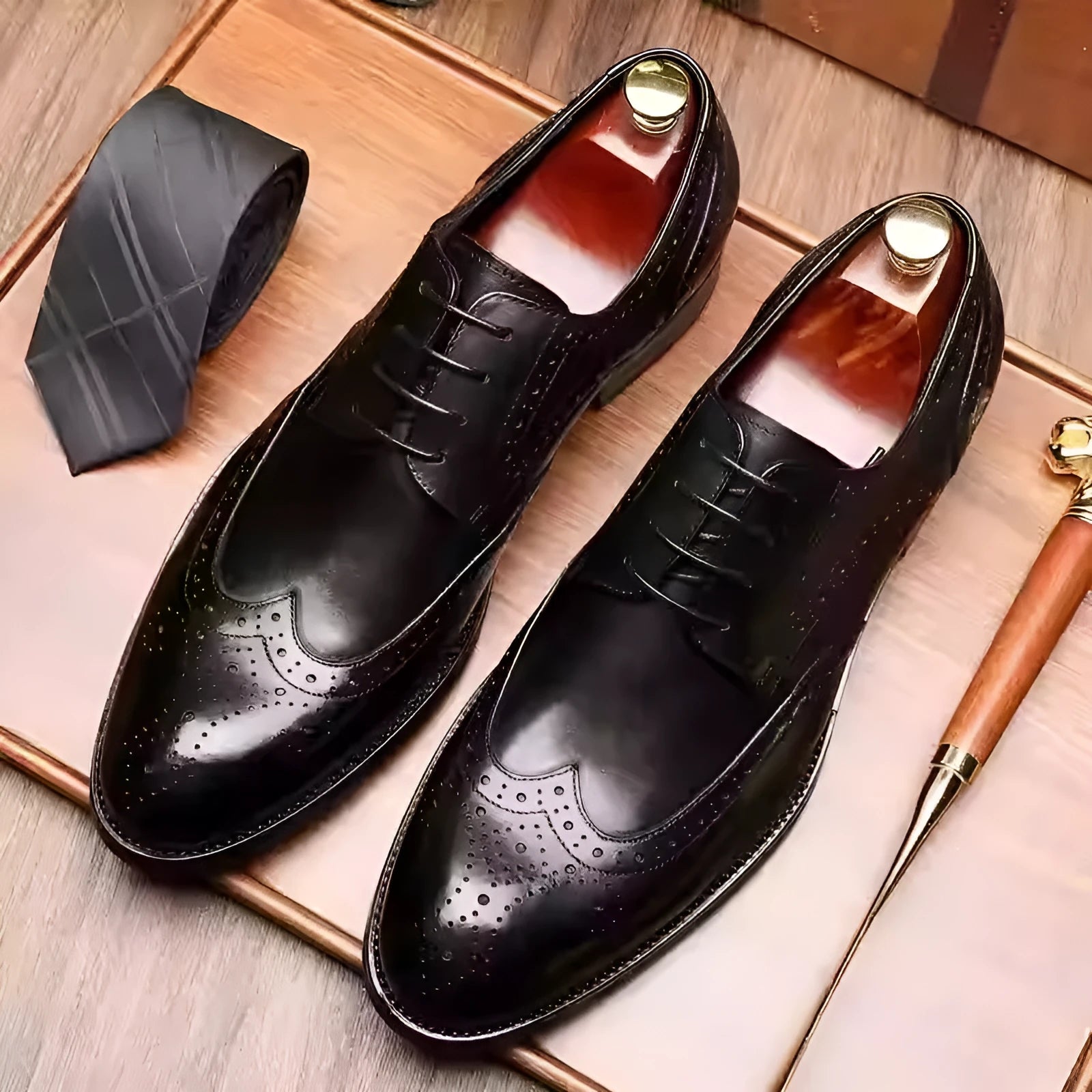 Men's British brogue leather formal shoes with carved patterns and pointed toe in six colour options