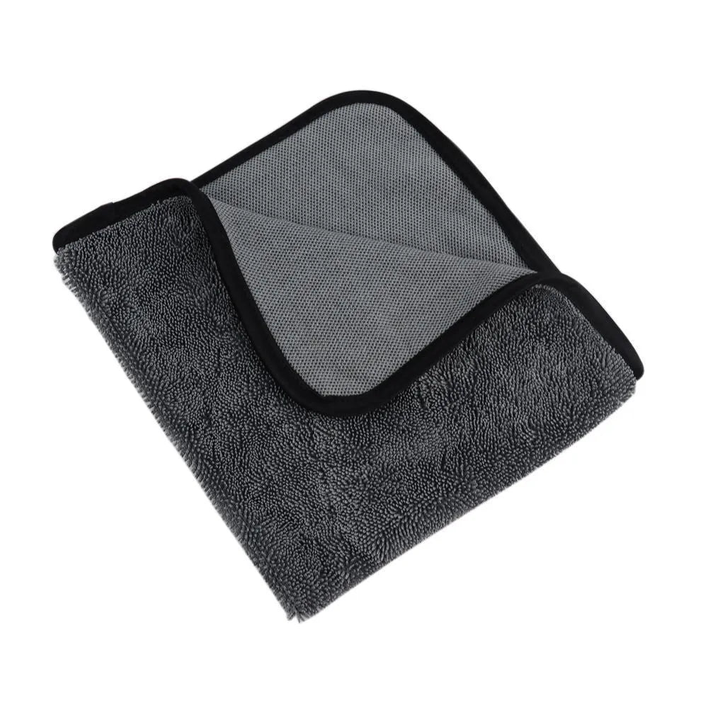 Grey 40cm by 40cm microfibre car wash drying towel laid flat.