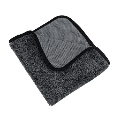 Grey 40cm by 40cm microfibre car wash drying towel laid flat.