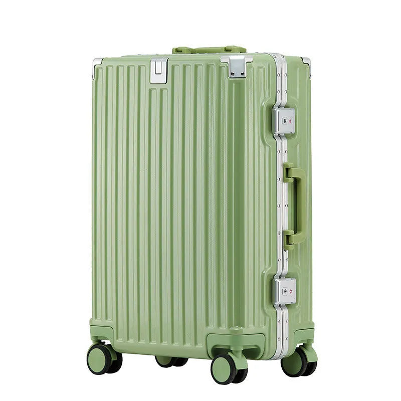 Hard-shell aluminium frame suitcase in avocado green with USB port and universal wheels.