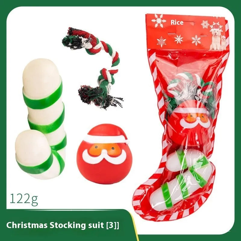 Christmas dog chew toys set with vinyl Santa heads, trees, and festive shapes in gift packaging