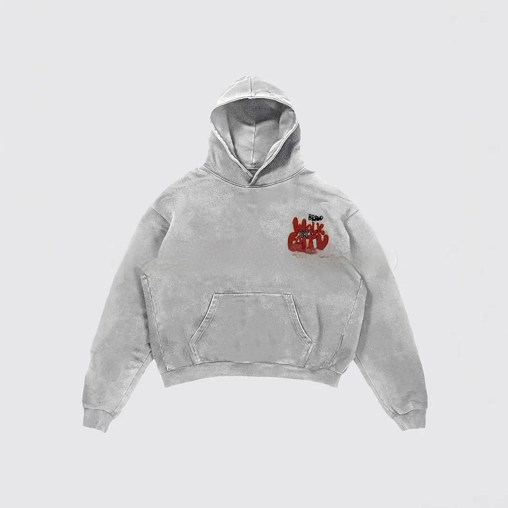 Women's granny grey hoodie with vintage letter print design and side pockets.