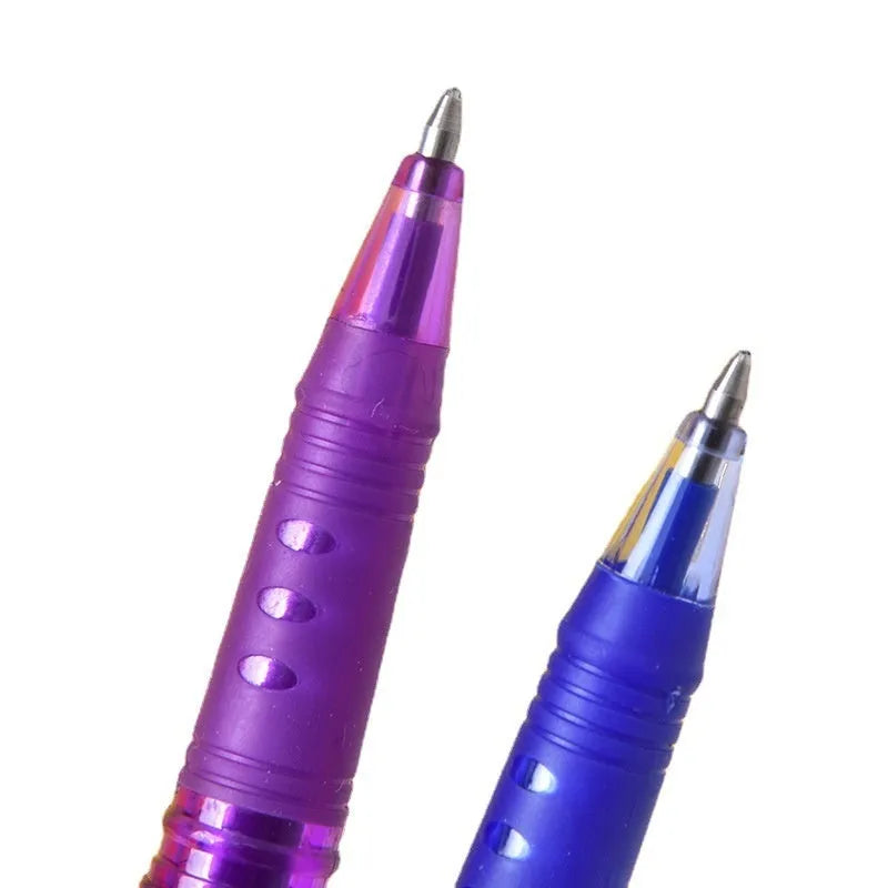 Pack of heat-erasable gel pens with plastic bodies and stainless steel nibs, showing multiple colour options.