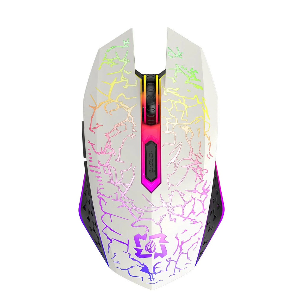 Black and white wireless gaming mouse with luminous breathing light on desktop