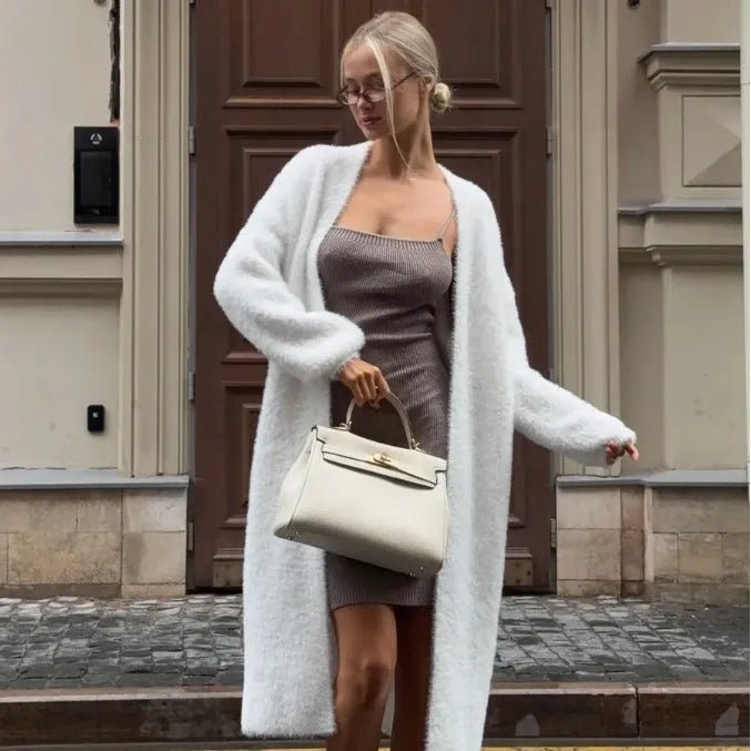 White women's polyester knit cardigan jacket with 105cm length and loose fit