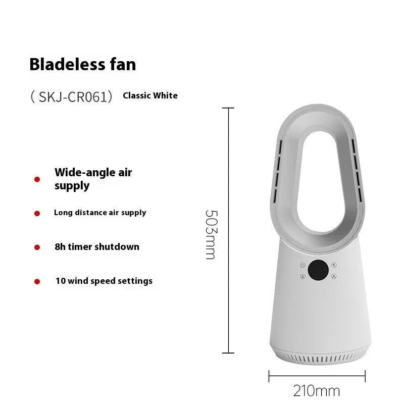 White bladeless tower fan with remote control on floor next to desk