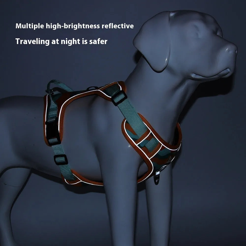 Orange reflective dog walking lead with chest and back straps made from Oxford cloth.