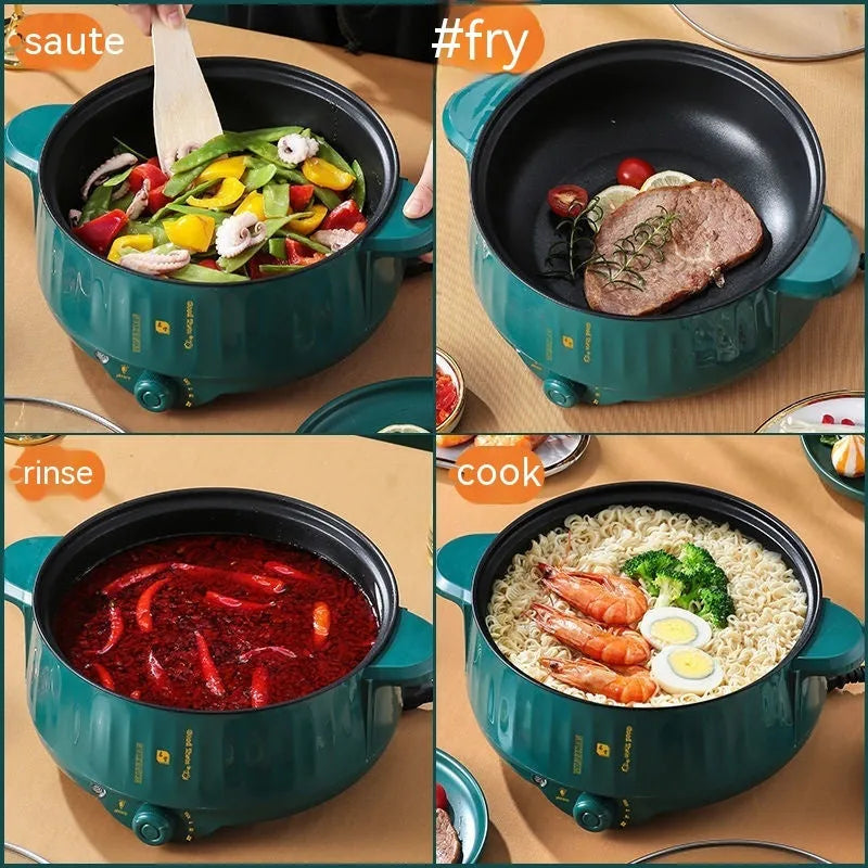 Stainless steel electric cooking pot with non-stick surface and anti-dry burn function in green or white colour