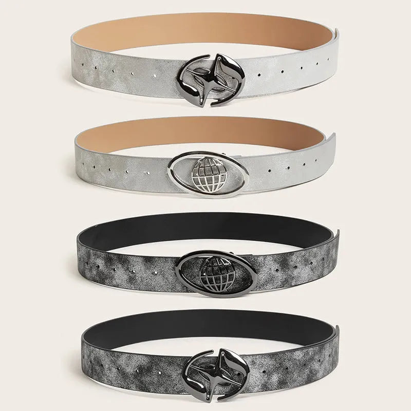 Women's retro oval buckle PU leather belt in thick width with antique finish earth tone colours