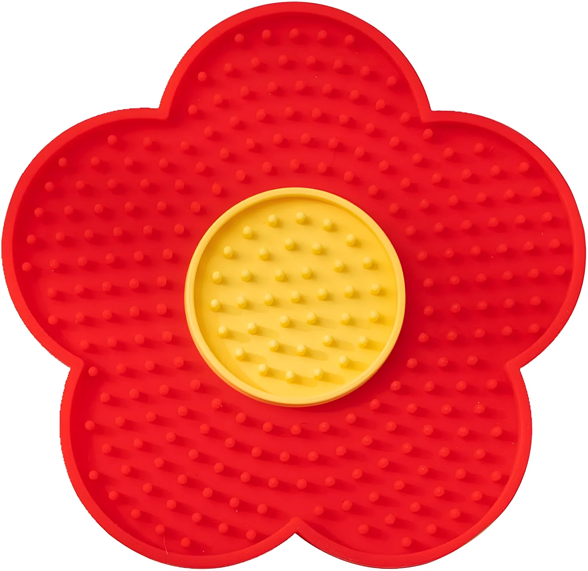 Flower-shaped blue silicone pet lick mat with suction cups on a smooth surface