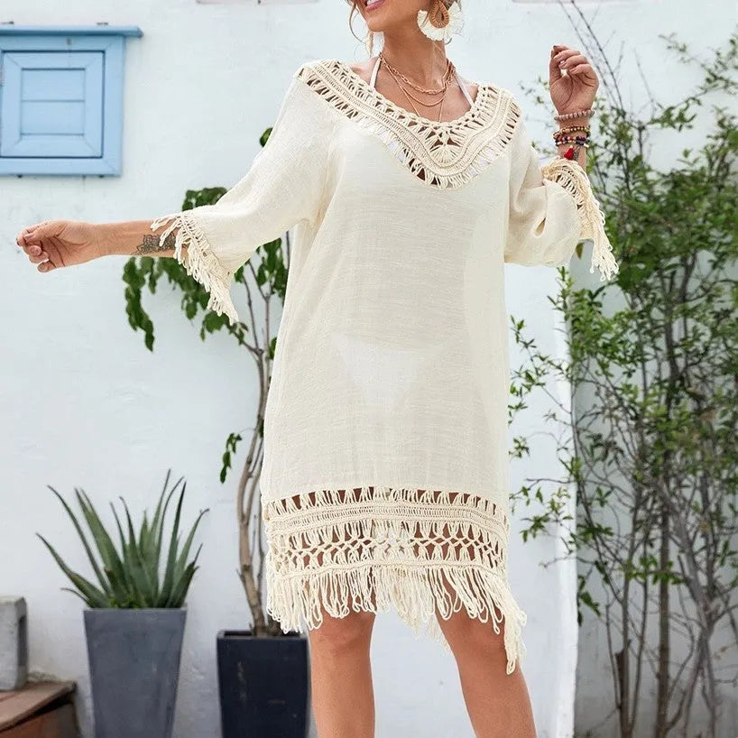 Women's apricot crocheted knitted patchwork beach dress with half sleeves and mid-length skirt