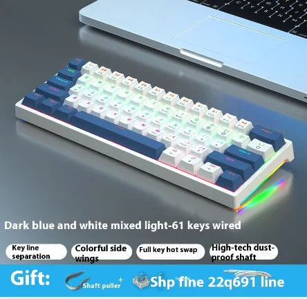 Blue and white 61-key mechanical keyboard with compact layout and hot-swappable switches