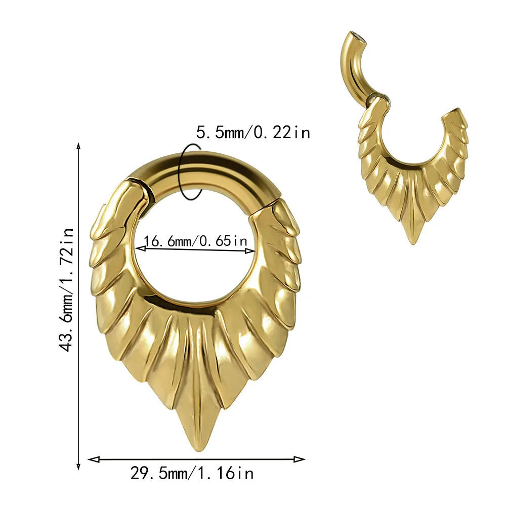 Stainless steel drop-shaped ear extender with totem design on a grey background.