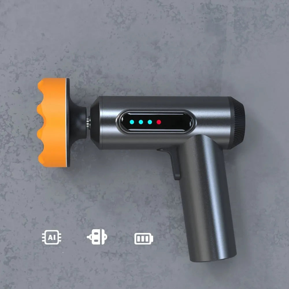 Cordless electric waxing and polishing machine with orange housing on a wooden floor