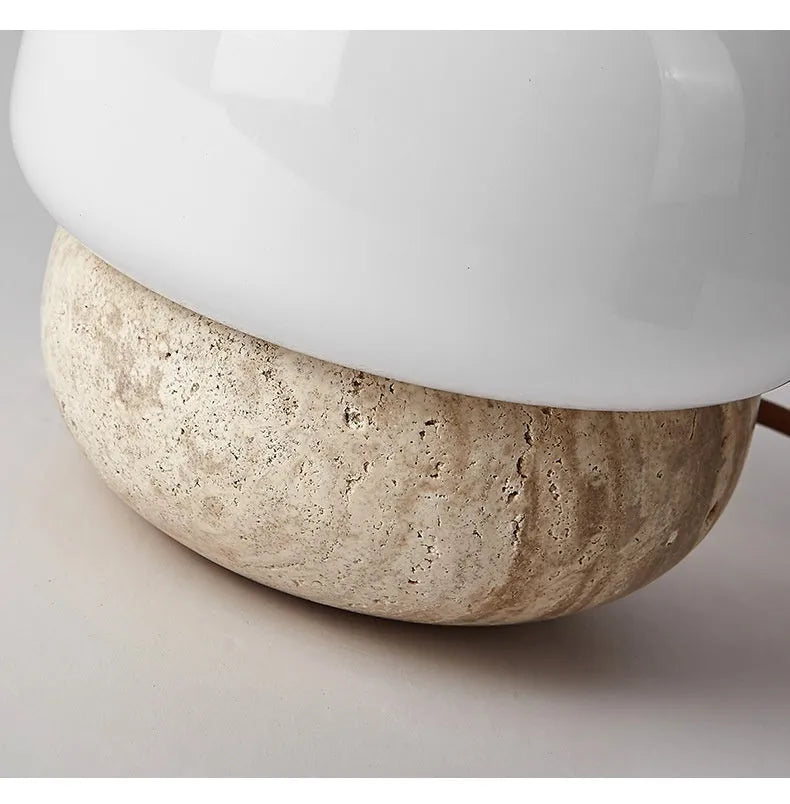 Cream coloured retro style bedside lamp with a button switch, measuring 18cm by 17cm.