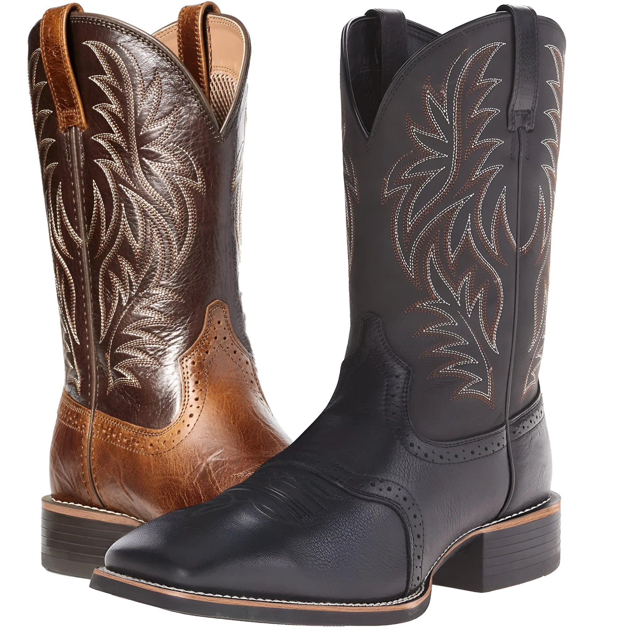 Men's black Western cowboy boots with decorative embroidery stitching, wide square toe, and a high shaft.