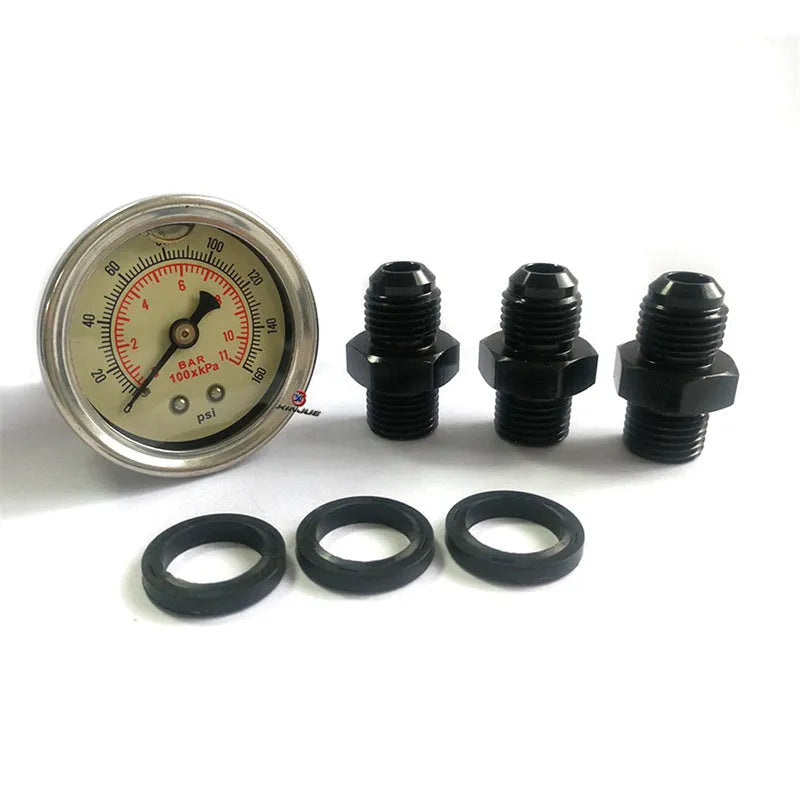 Black CNC aluminium fuel pressure regulator with adjustable pressure gauge and mounting strap