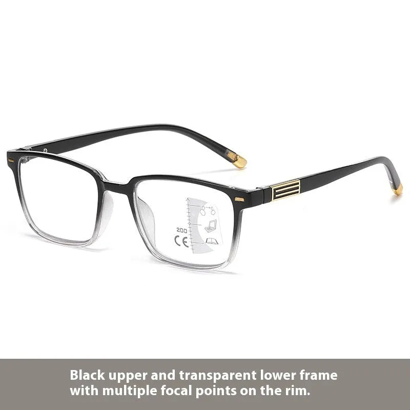 Multifocal reading glasses with anti blue light and colour-changing lenses in various frame colours
