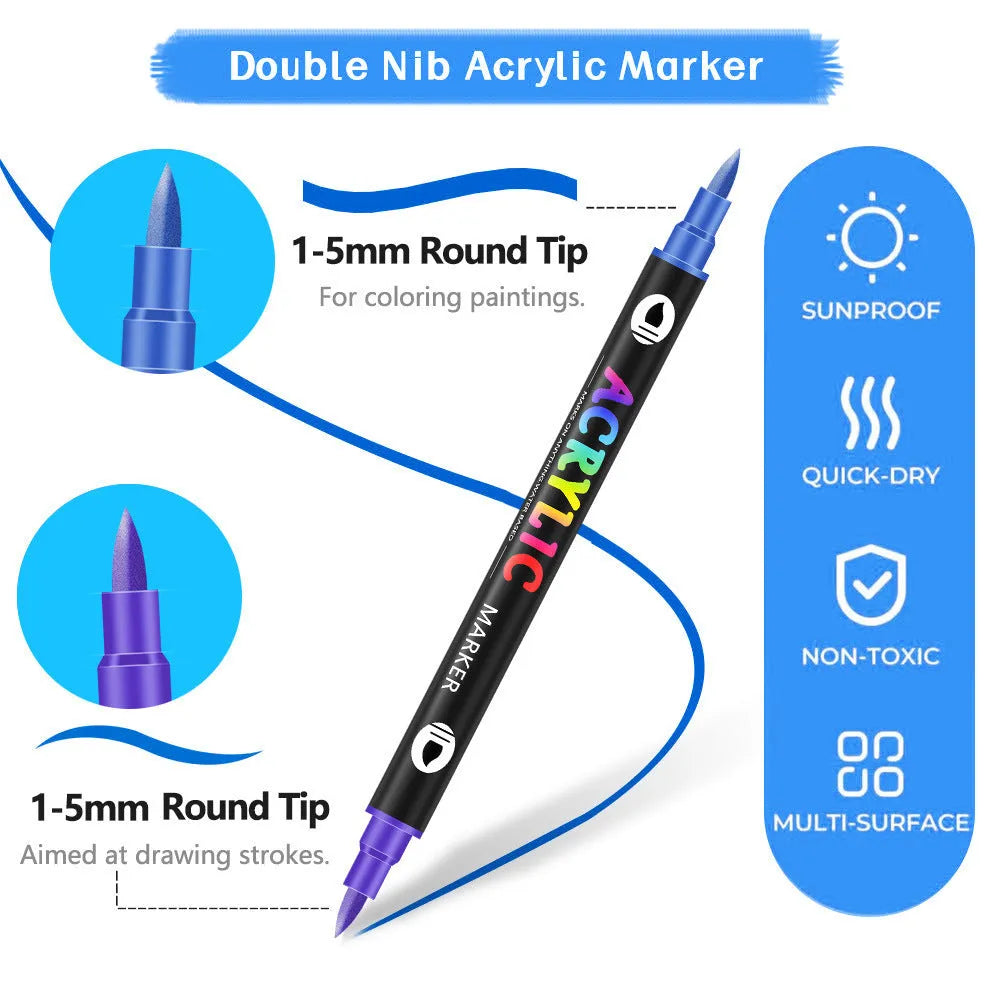 Set of double-headed acrylic marker pens with fine and brush tips showing opaque washable ink