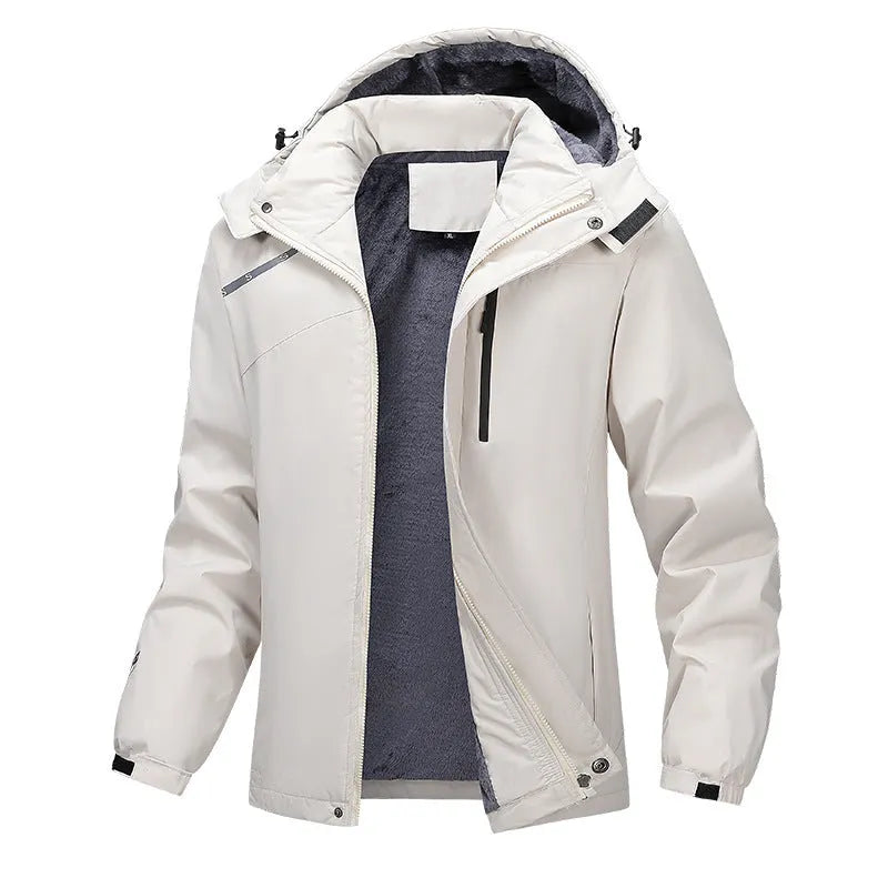 Men's plus size hooded winter coat in Army Green polyester, showcasing front zip and hood.